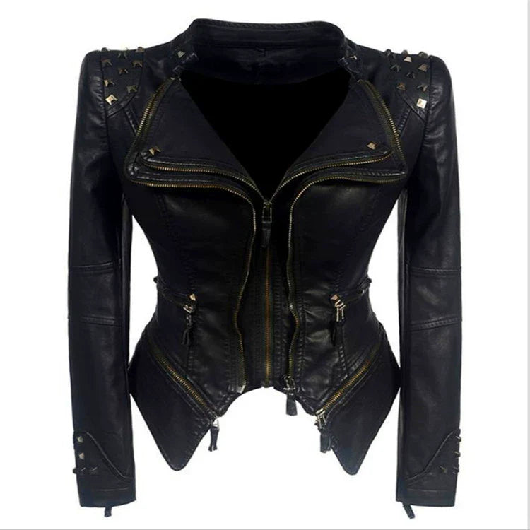 Women's Black Motorcycle Jacket with Stylish Zipper Details - Trendy Biker Outerwear