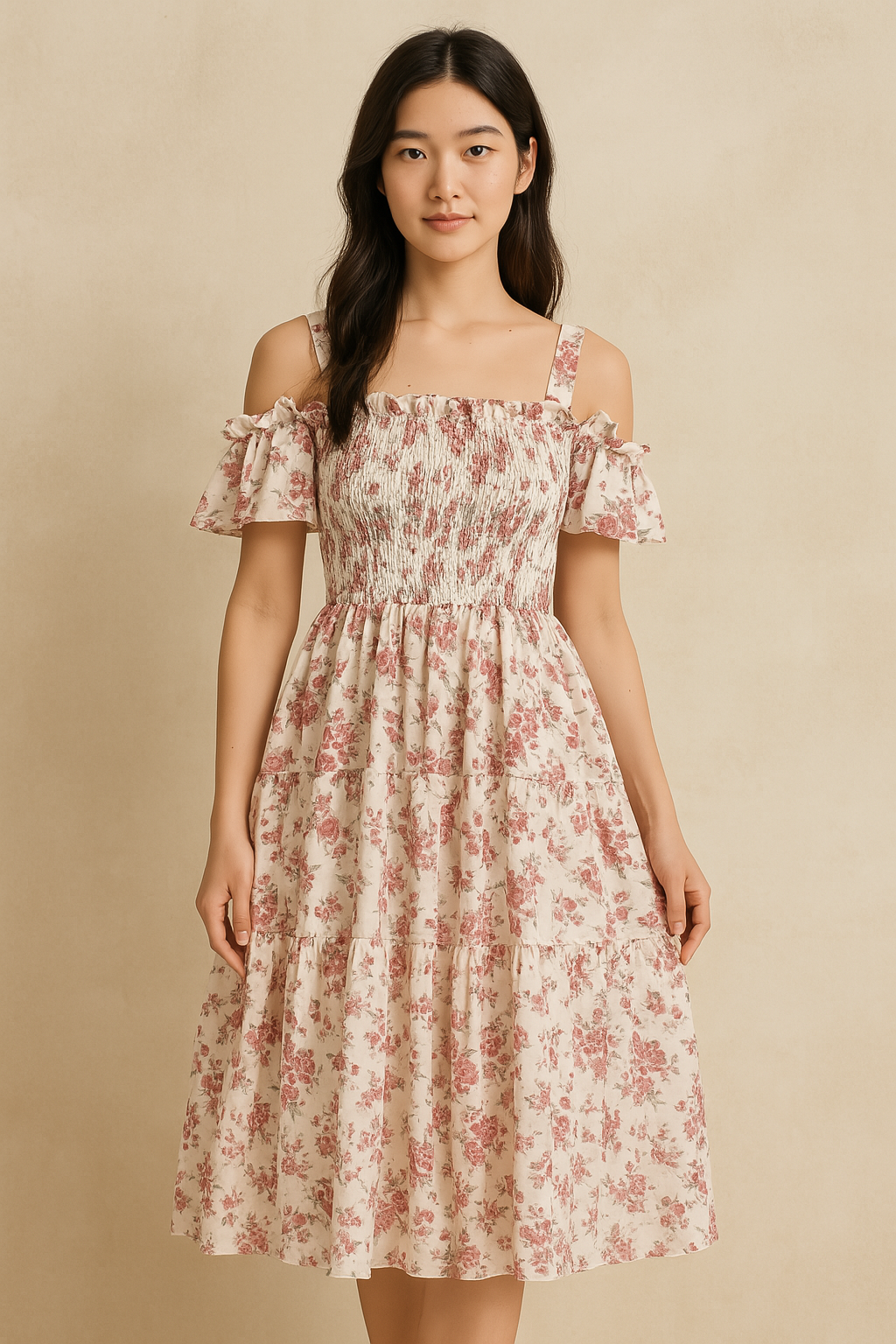 Floral Off-Shoulder Picnic Midi Dress – Romantic Cottagecore Style
