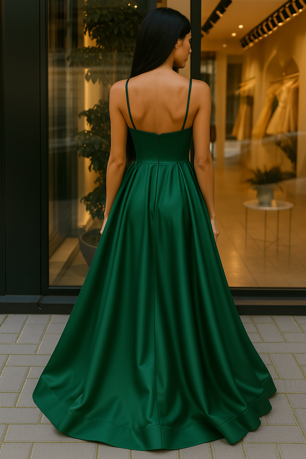 Elegant Dress Deep Green Satin Gown with Front Slit
