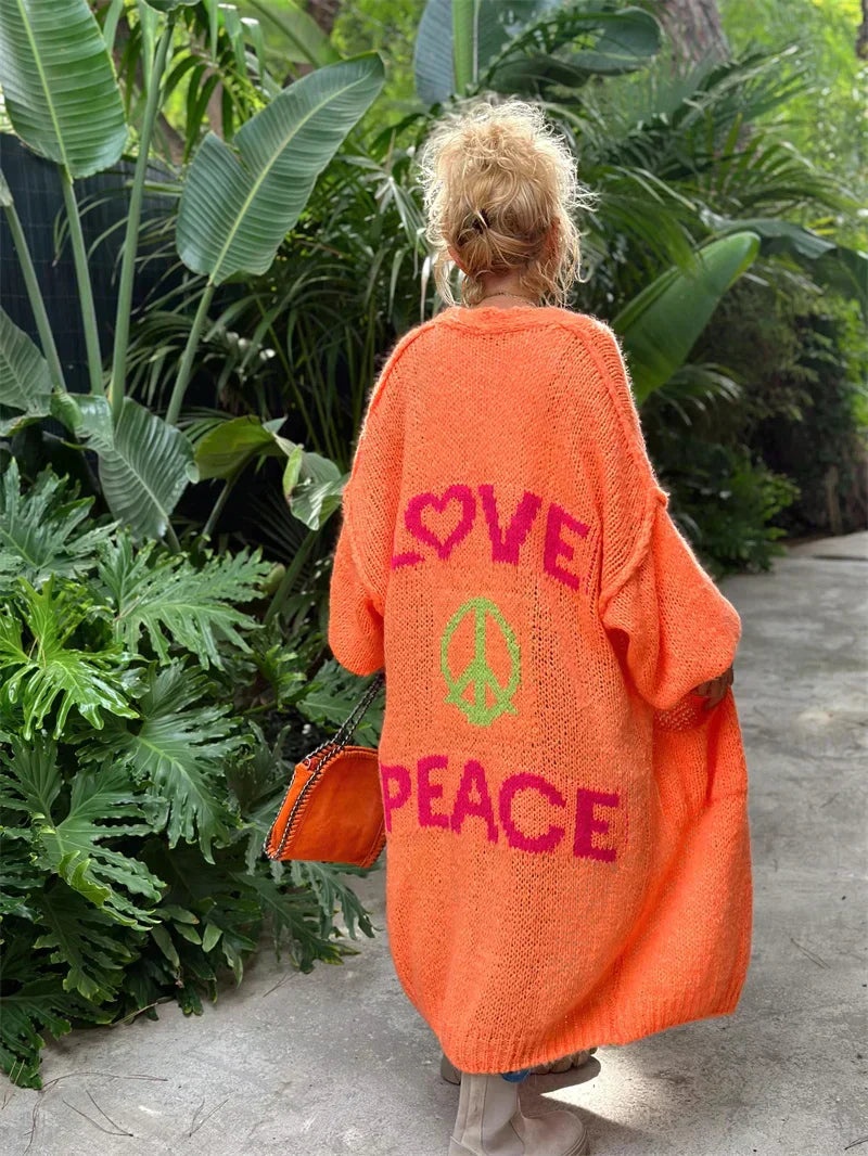 Women's Love & Peace Cardigan - Cozy Boho Knit Sweater for Comfort & Style