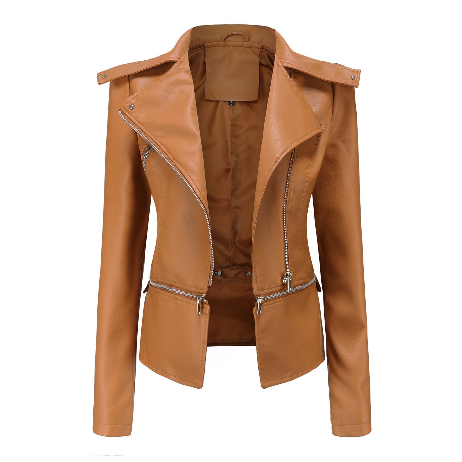 Women's Zippered Leather Motorcycle Jacket - Stylish & Durable Biker Outerwear