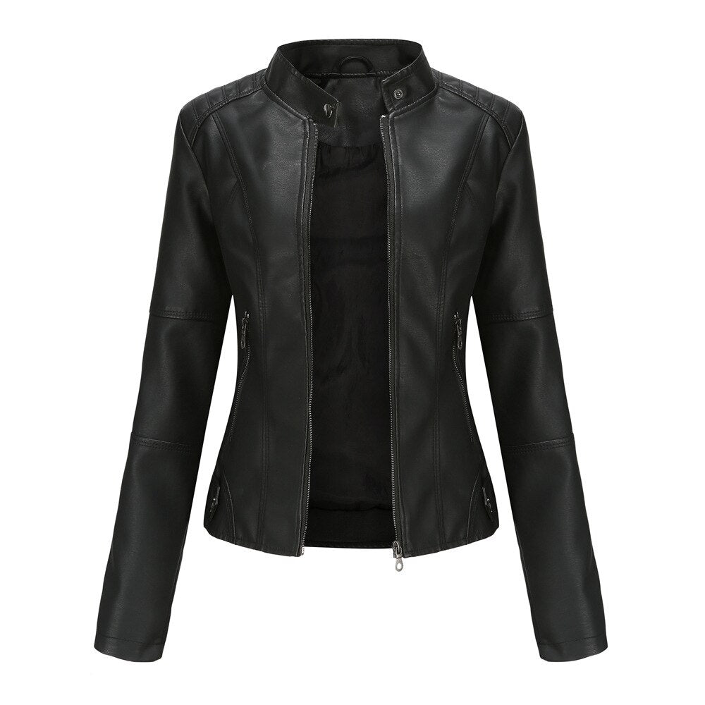 Women's Slim Fit Mao Collar Jacket - Zipper Front, Tailored Design, Hip Length - Stylish Outerwear