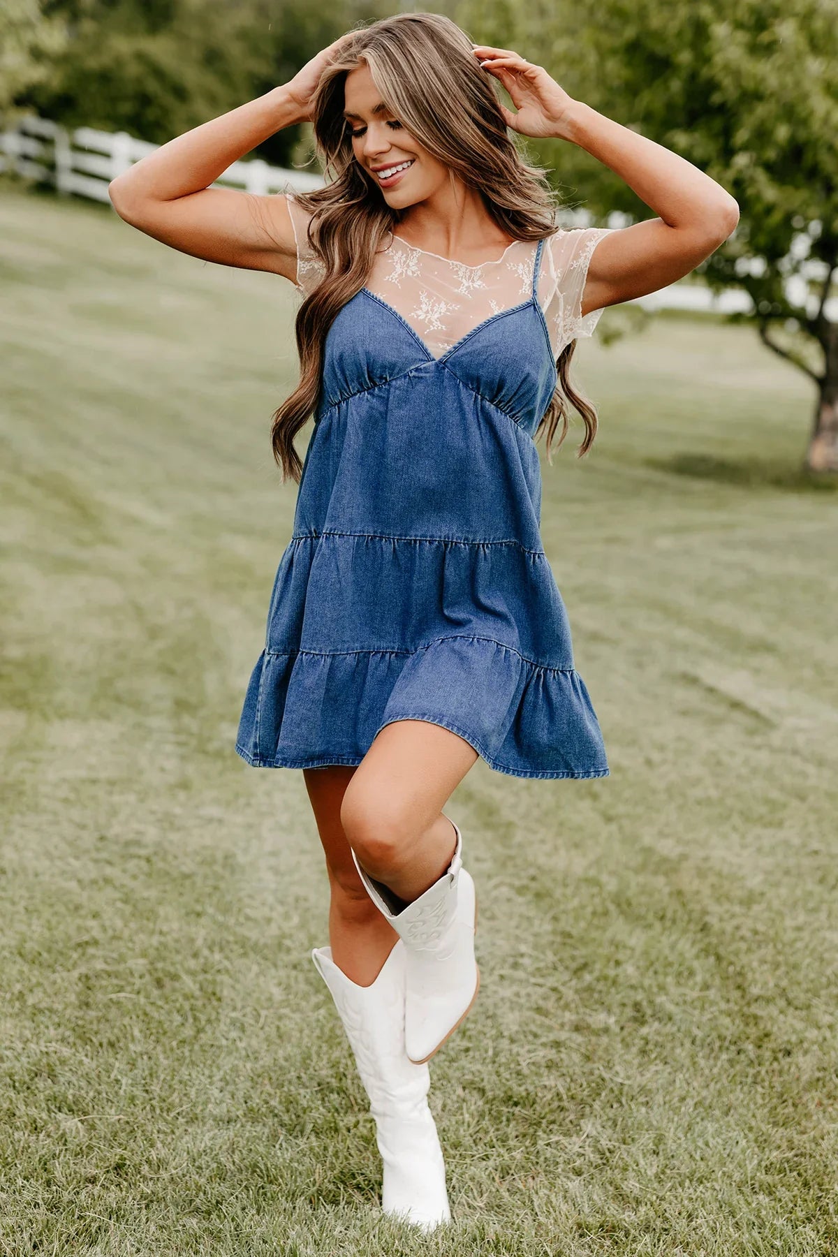 Tiered Denim Mini Dress with Lace Top & Western Boots