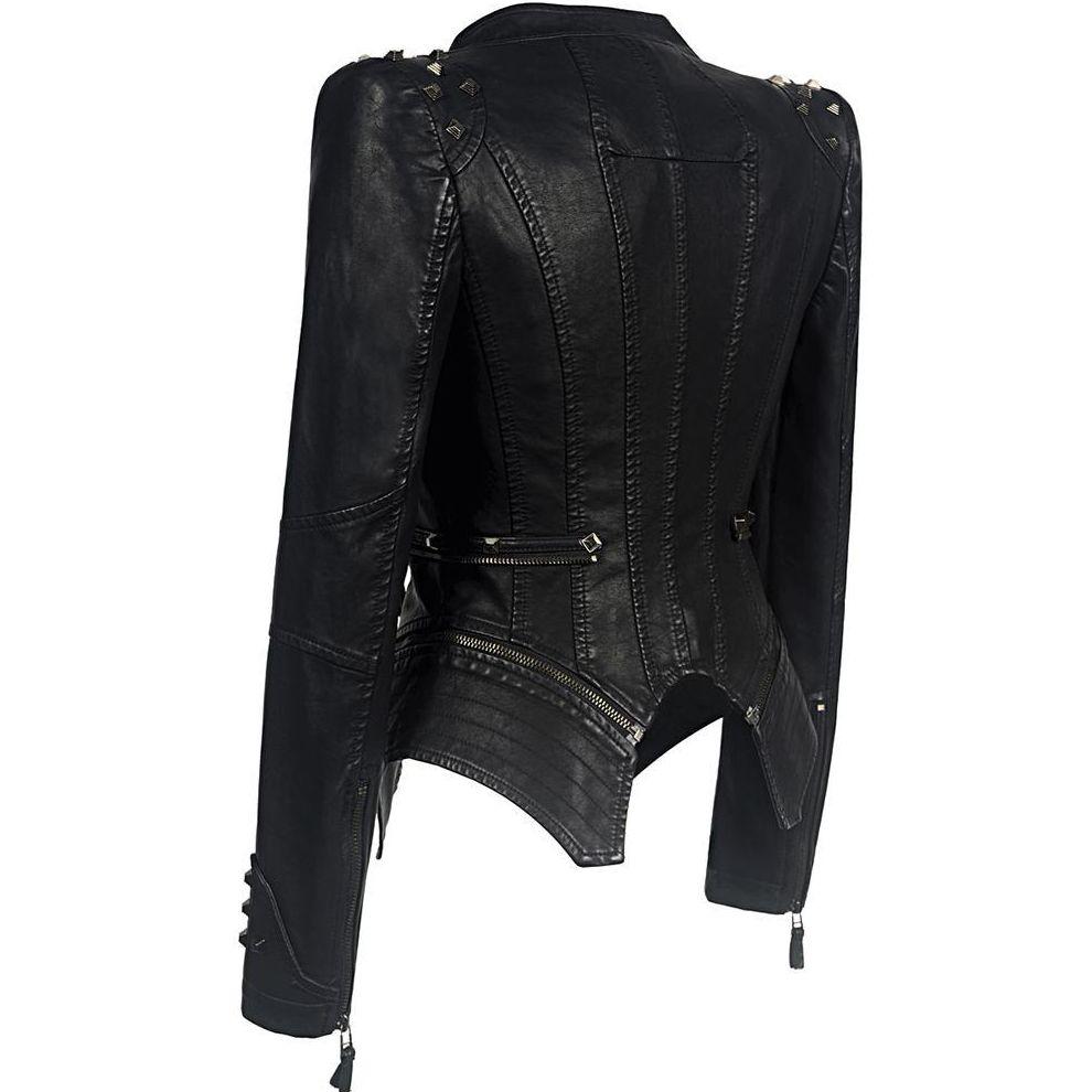 Stylish Women's PU Leather Jacket with Studded Details - Trendy & Durable Outerwear