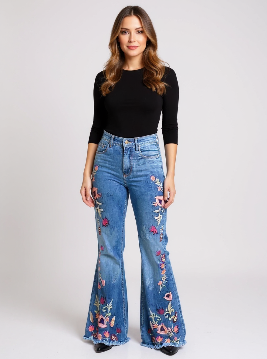 Women's High-Waisted Floral Print Slim Fit Denim Flare Pants - Vintage Wash with Raw Edge Hem - Stylish Stretchy Jeans for a Trendy Look