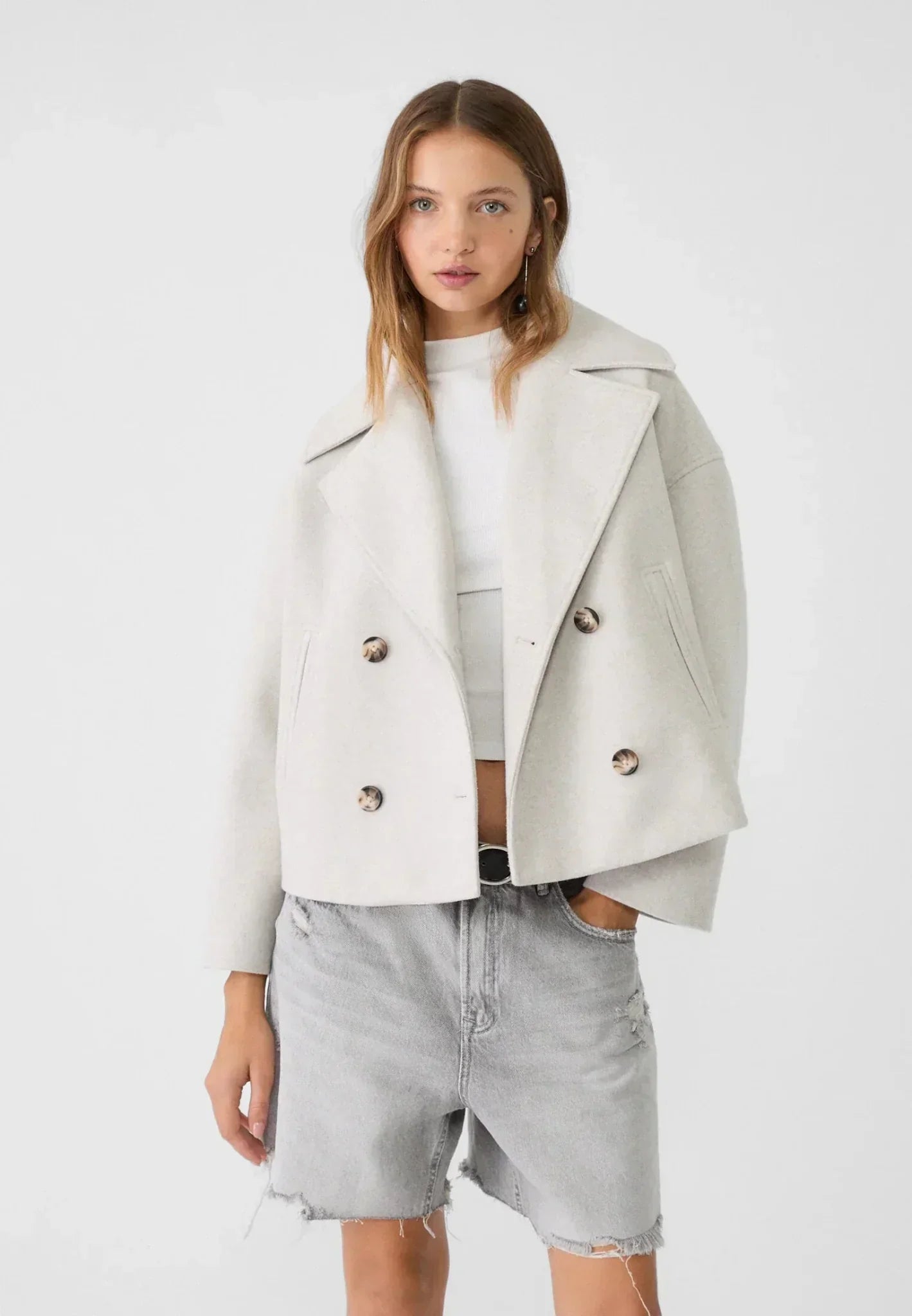 Women's Oversized Double-Breasted Wool-Look Jacket - Cropped Boxy Fit for Stylish Comfort